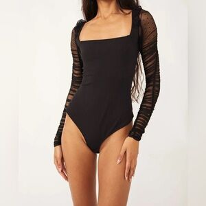 Free People - Must Be Love Long Mesh Dot Sleeves Black Snap Closure Bodysuit SM